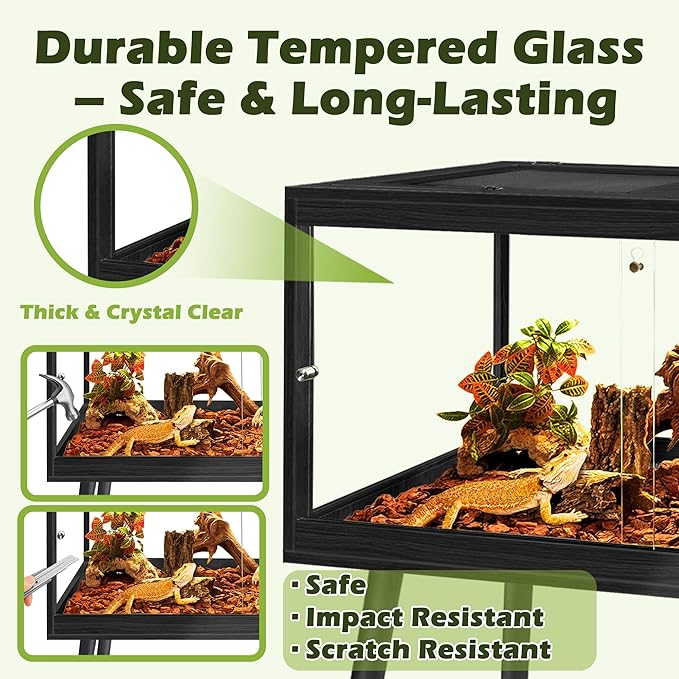 PROLEE Bearded Dragon Tank with Leg, 30 Gallon Tempered Glass Lizard Tank, Reptile Enclosure with Metal Mesh and Lockable Door, Reptile Tank for Snakes,Chameleon (Black, 24x15.5x15.5 Inch)