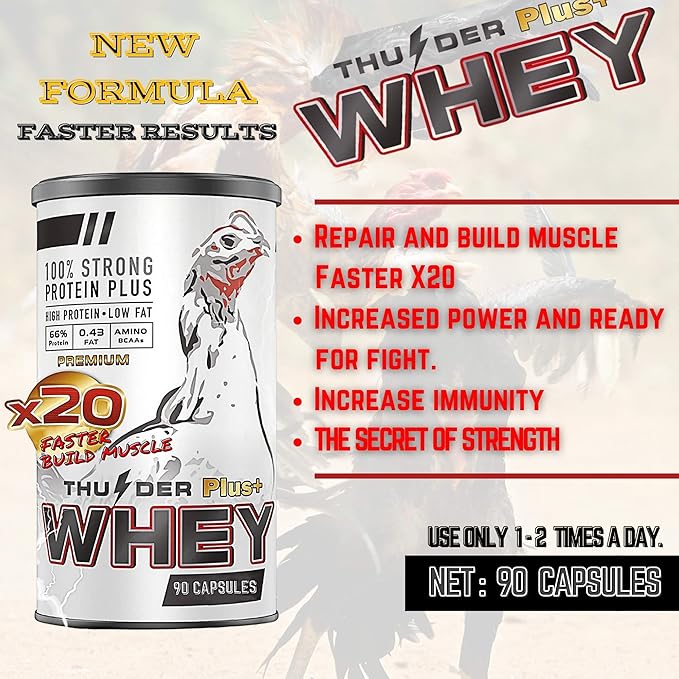 Thunder Rooster Booster Faster X3 New Formula 90 Capsules Whey Protein Vitamins Health Supplement Capsules Mixed Nourishing Chicken for Big Muscle & Mass Gain, Breeding, Healthy, Strong, Hen Feed