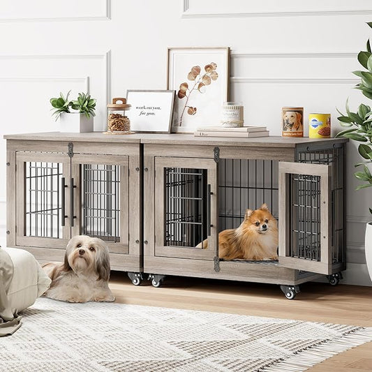 YaFiti Dog Crate Furniture with Cushion Set of 2, Wooden Dog Kennel Indoor with Double Doors, Dog Cage with Wheels, Dog House Side End Table for Small Dogs up to 30 lb, 27.2" L, Grey