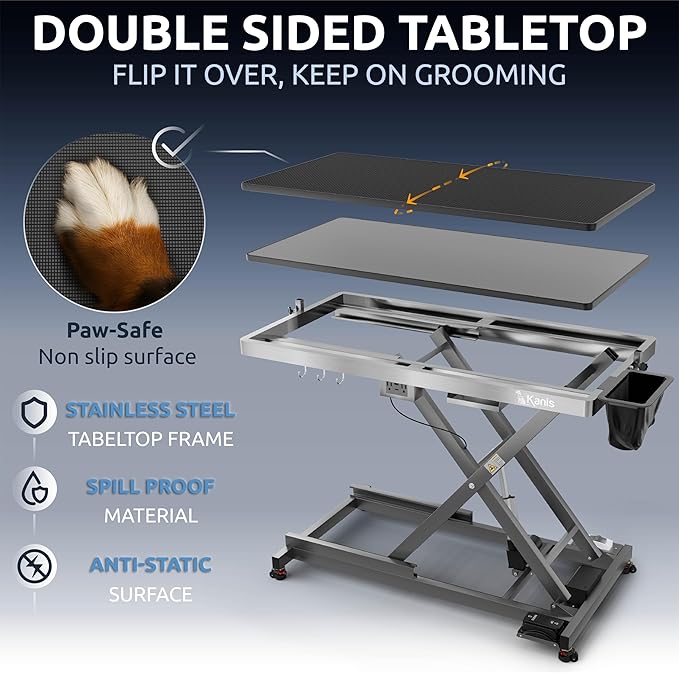 KANIS Professional Electric Dog Grooming Table - Heavy Duty, Height Adjustable Pet Grooming Table w/Leveling Wheels, Dog Grooming Arm, Anti-Slip Tabletop & Tool Organizer (Grey, 49")