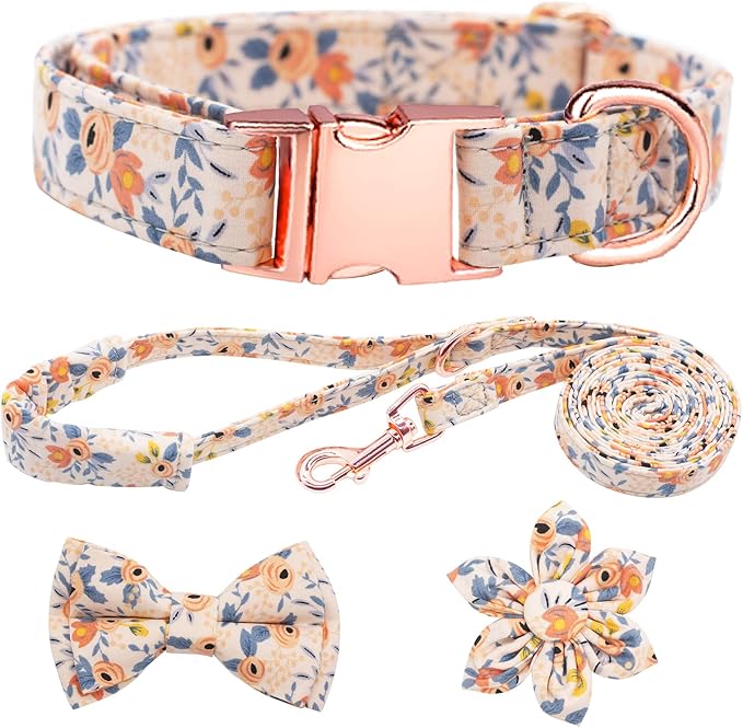 Dog Collar and Leash Set Girls Adjustable Puppy Collars with Floral Bow Tie for Small Medium Large Female Dogs, Orange Flower, L