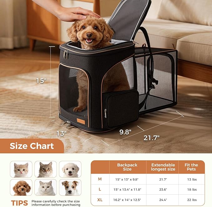 Lekereise Large Cat Backpack Carrier Expandable Pet Carrier Backpack for Small Dogs Medium Cats Fit Up to 18 Lbs, Foldable Puppy Backpack Carrier for Travel, Hiking, Black