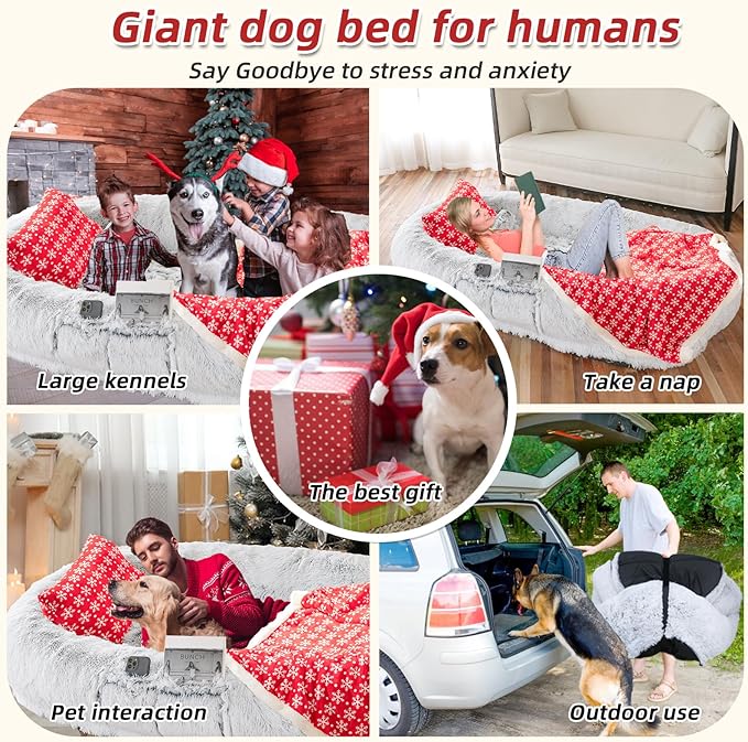 WROS Human Dog Bed - 71"x45"x12" Orthopedic Bed for Humans & Pets, Washable, Plump Pillow, Blanket, Strap - Grey