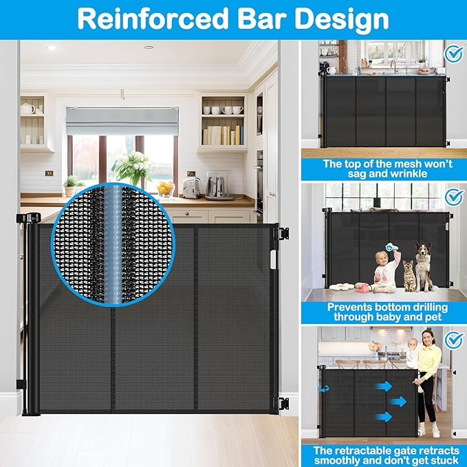 Reinforced 42" Tall X 80" Wide Retractable Dog Gate for Hallway Extra Tall Baby Gates for Dogs Indoor High Reinforced Bar Retractable Baby Gates for Doorways Extra Wide Pet Gate Outdoor, Black