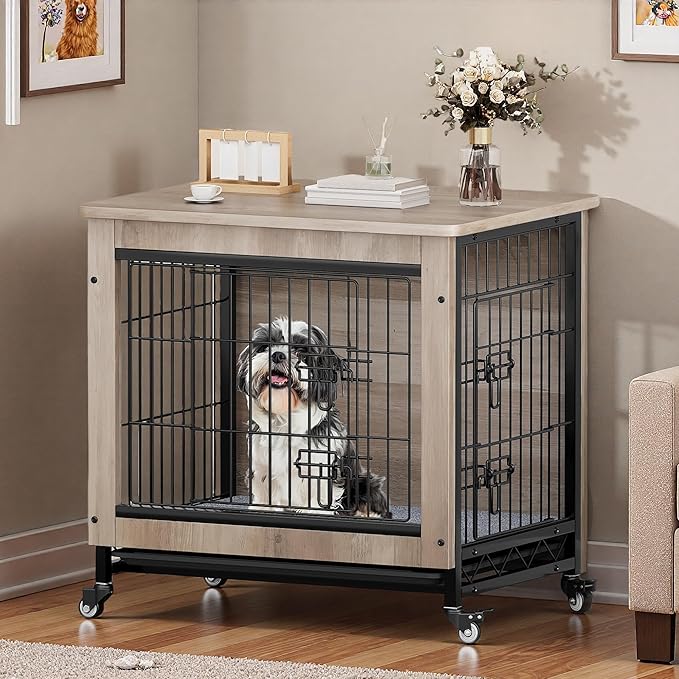 DWVO Dog Crate Furniture with Wheels, 27" Dog Kennel Indoor with Cushion, Dog Crate End Table with Tray for Small Dog (Grey)