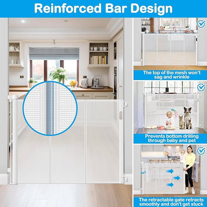 Reinforced 42" Tall X 80" Wide Retractable Baby Gate for Doorway 3.5ft Extra Tall Cat Gate for Stairs Indoor Retractable Baby Gates Extra Wide with Reinforced Bar Mesh Gates for Kids or Pets, White