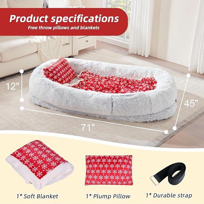 WROS Human Dog Bed - 71"x45"x12" Orthopedic Bed for Humans & Pets, Washable, Plump Pillow, Blanket, Strap - Grey
