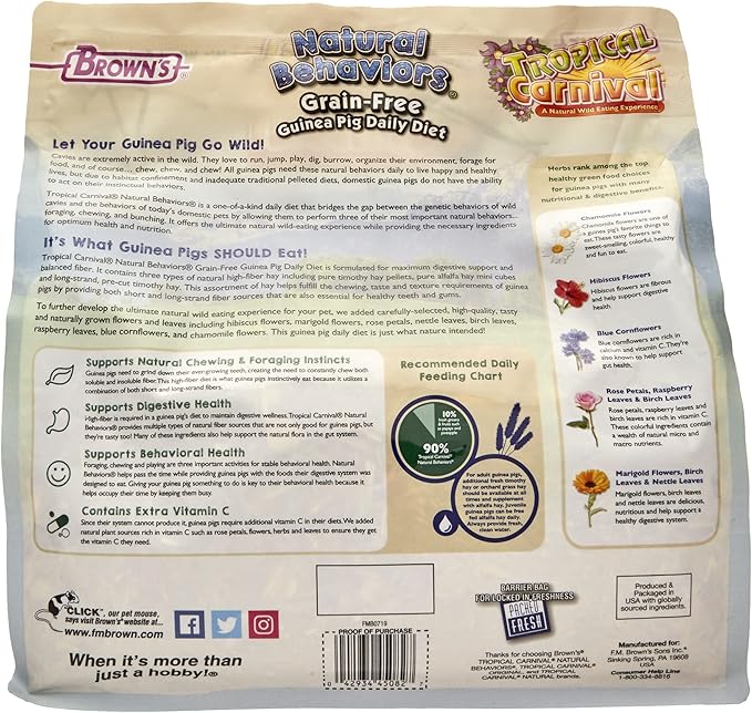 Tropical Carnival Natural Behaviors Grain-Free Guinea Pig Food – 4 Pounds, High-Fiber Timothy Hay Blend with Flowers & Leaves, Supports Natural Foraging, Chewing, and Digestive Health, Added Vitamin C