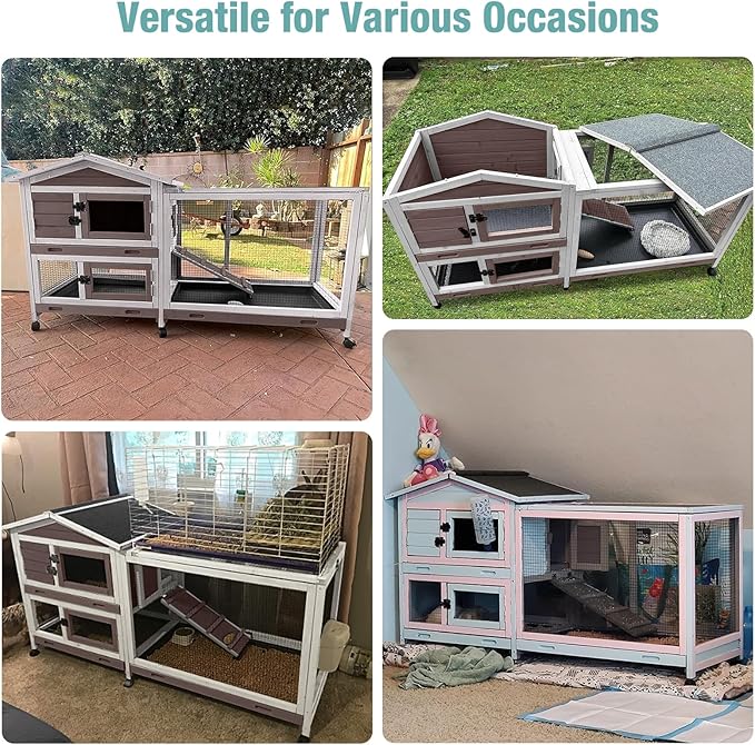 Suumerpety Rabbit Cage,Indoor Rabbit Hutch with Matel Frame and Pull Out Tray,Bunny Hutch Chicken Coop with Run (Brown)