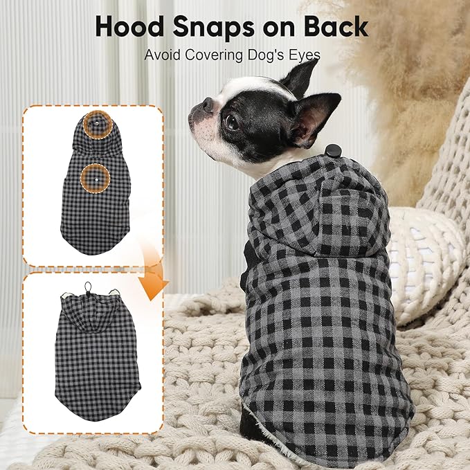 Vecomfy Fleece Lining Dog Hoodie for Small Dogs Extra Warm Plaid Sweater with Drawstring Hooded Coats in Winter Puppy Jacket,Black S