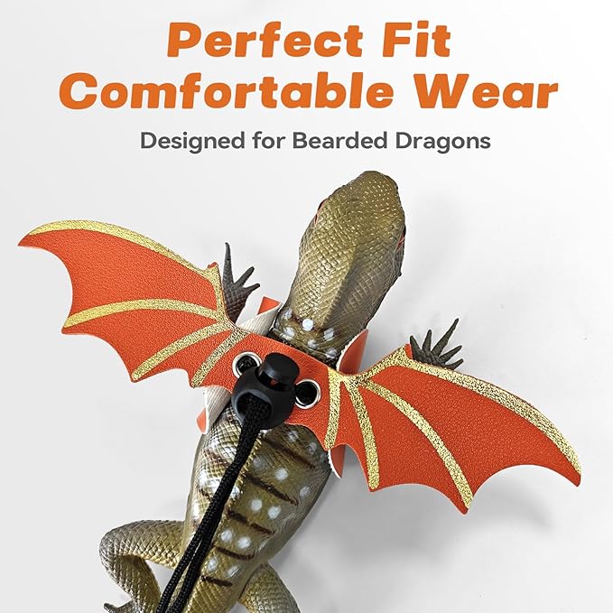 Dinosaur Wing Leash Harness for Bearded Dragons - 3-Size Adjustable Reptile Harness Set, Safe Escape-Proof Design for Lizards, Geckos, Iguanas & Small Pets (Orange)