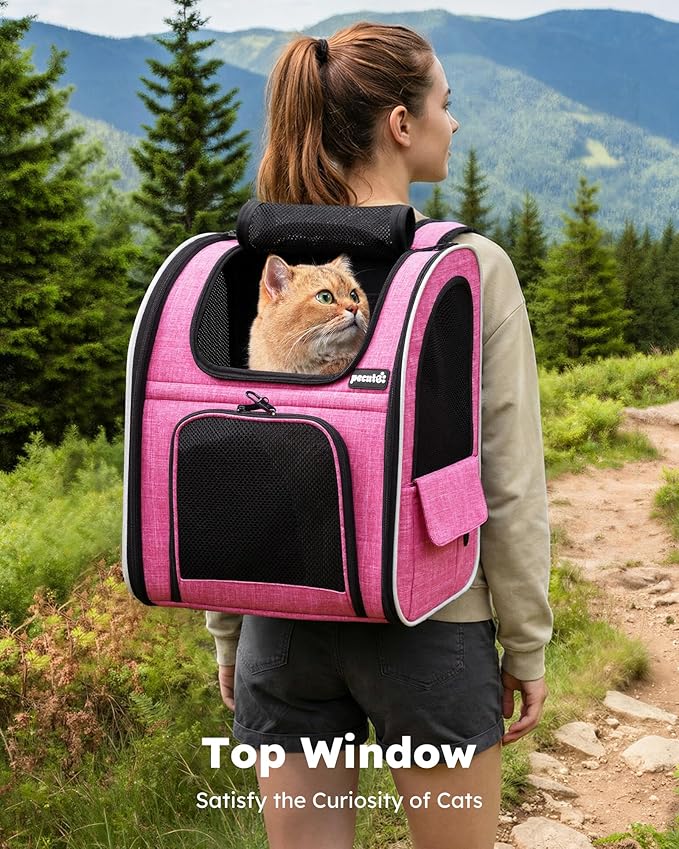 Pecute Cat Backpack Carrier Expandable, Pet Backpack for Cats & Small Dogs Up to 11lbs, with 4-Side Breathable Mesh, Multi-Entry & Lockable Zippers for Travel, Hiking, Camping - Hands Free, Pink