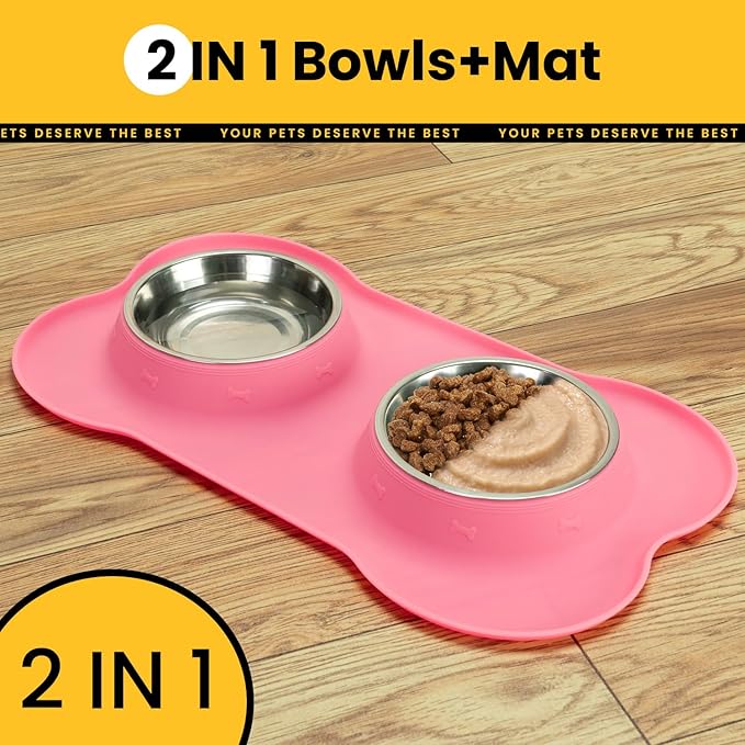 Conlun Dog Bowls with Non-Slip Silicone Mat, Spill Proof Large Food & Water Bowls Set, Easy Clean Dog Food Dish, Dishwasher Safe, Suitable for Dogs Cats Pet Under 90lbs, Large, Pink