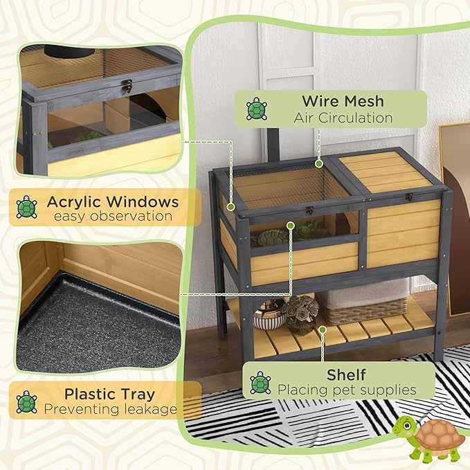 Turtle Habitat Enclosure, Large Wooden Tortoise House for Indoor and Outdoor Use, Reptile Enclosure with Openable Roof & Secure Locking System (Yellow+Storage Shelf)