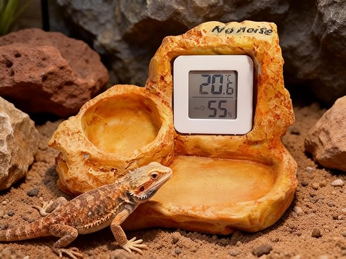 Reptile Rock-Shaped Thermometer & Hygrometer Combo with Food & Water Bowls - Multi-Functional Feeding & Hydration Station for Lizards, Geckos, Snakes & More