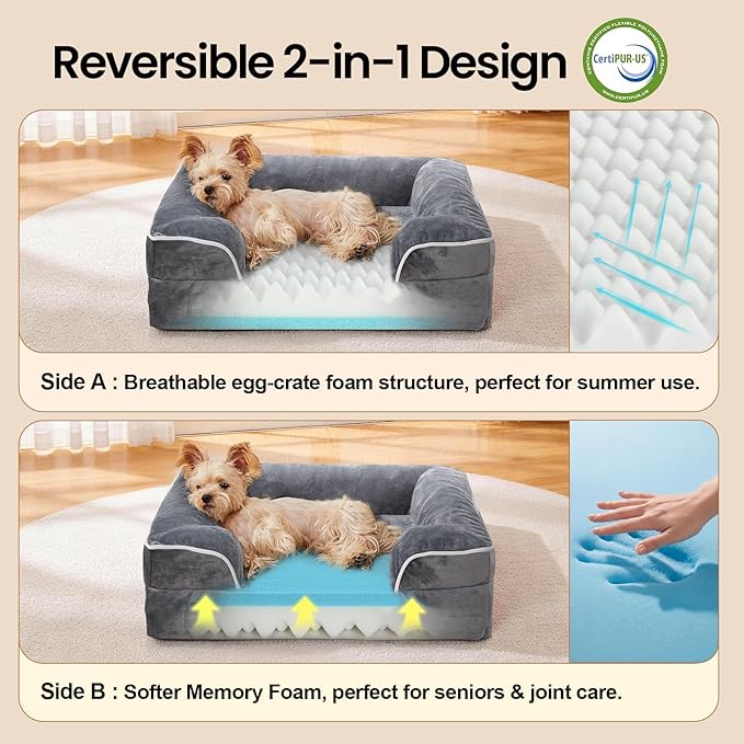 OhGeni Orthopedic Dog Bed Couch Cat Sofa for Small Sized Pets with Memory Foam, Machine-Washable Waterproof Removable Cover, Soft Comfortable Fabric, 22-inch (Gray)