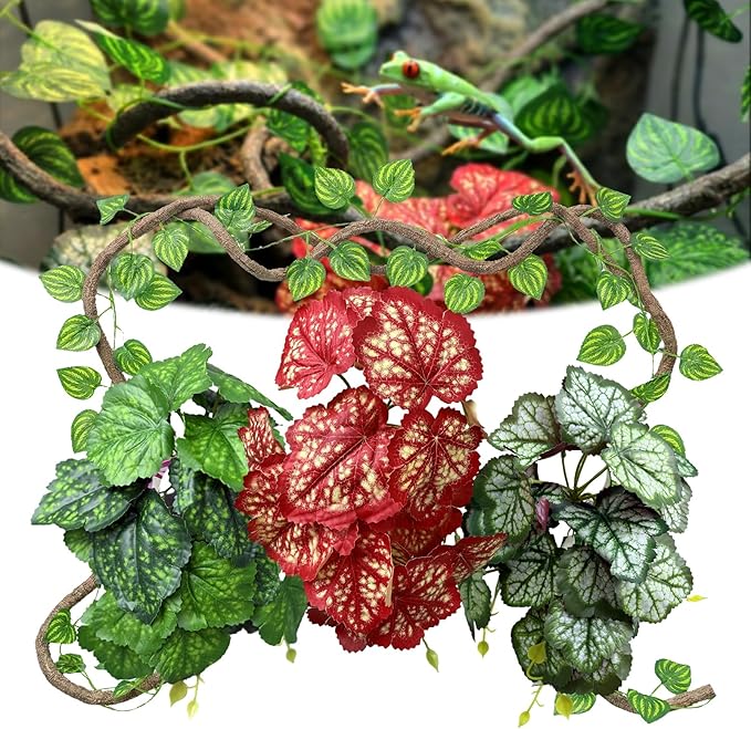 5 Pc Reptile Plants & Habitat Decor Kit - 3 Artificial Plants & Large 3.3ft Jungle Vine Branch, Amphibian Habitat Hideout Decor Accessories for Crested Gecko, Bearded Dragon, Lizard, Snake,Hermit Crab