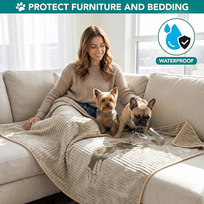 PetAmi Waterproof Dog Blanket, Leakproof Pet Blanket for Small Medium Large Dogs, Reversible Furniture Bed Sofa Couch Cover Protector, Plush Striped Pet Throw for Indoor Cat, 29x40 in, Taupe Beige