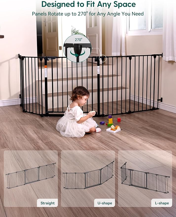 Babelio Baby Gate Extra Wide, Auto Close Dog Gate Pet Gate for House Stairs Doorways Fireplace (Black, 104" Wide Gate - 5 Panels)