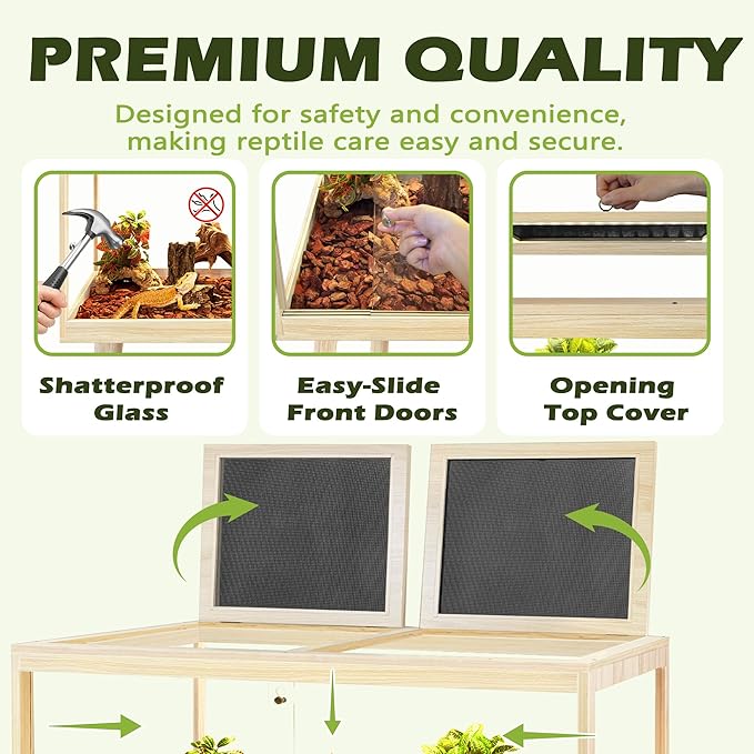 PROLEE Bearded Dragon Tank with Leg, Tempered Glass Lizard Tanks and Reptile Enclosure, Up to 81 Gallon Reptile Tank with Metal Mesh and Lockable Door for Snakes,Chameleon (Oak, 81Gallons,48inch)