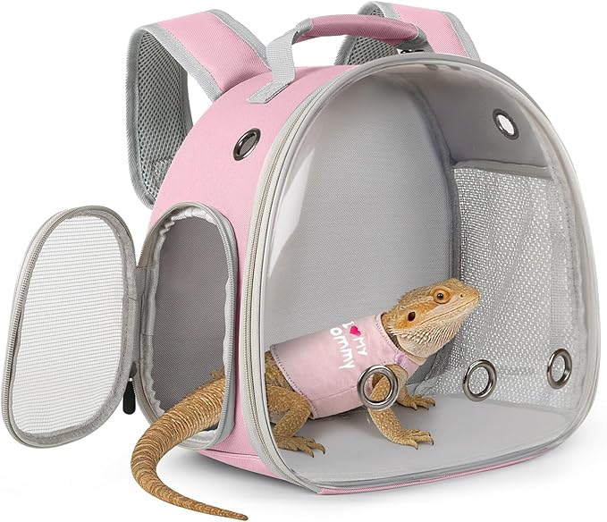 Bearded Dragon Carrier Backpack with Security Printing Harness Set, Reptile Lizard Travel Carrier (Pink, Mommy Harness)