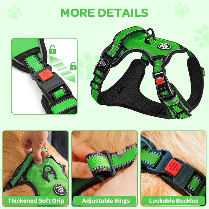 FURRYFECTION Plaid Dog Harness for Medium Dogs, Reflective No Pull Adjustable Pet Vest with Front Clip, Leash, Easy Control Handle and Seat Belt, Green, M