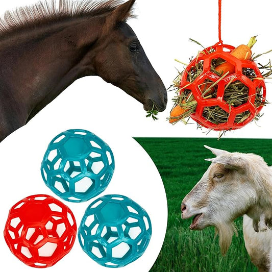 mayoken® 4 Pack Horse Treat Ball Hay Feeder Toy – Durable TPR Hanging Feeding Toy for Horse, Goat, Sheep & Pony – Enrichment to Relieve Stress & Prevent Boredom (Red + Blue)