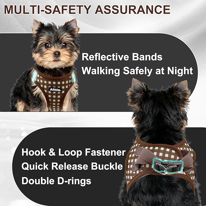 AIITLE Adjustable Dog Harness and Leash Set, Step in No Pull Pet Harness, Soft Mesh Reflective Plaid Vest Harnesses for Small Dogs Puppy and House Cats Outdoor Walking Running Chocolate XS