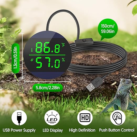 QZQ Reptile Thermometer and Humidity Gauge, LED Digital Thermometer Hydrometer, Reptile Tank Accessories for Bearded Dragon, Crested Gecko, Snake, Lizard, USB Power Supply (2 Pack Blue)
