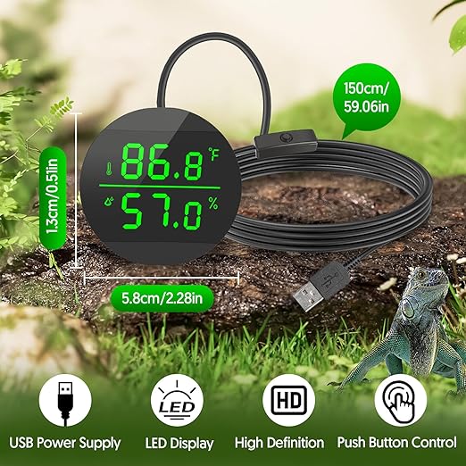 QZQ Reptile Thermometer and Humidity Gauge, LED Digital Thermometer Hydrometer, Reptile Tank Accessories for Bearded Dragon, Crested Gecko, Snake, Lizard, USB Power Supply (2 Pack Black)
