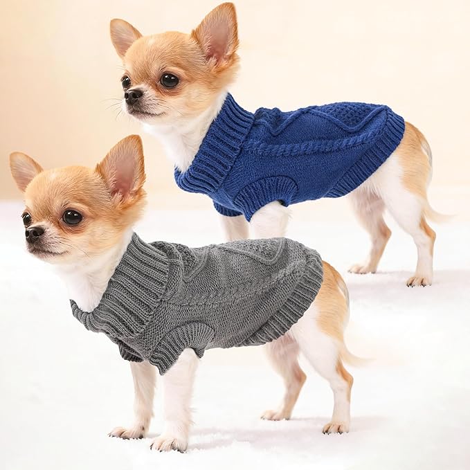 2 Pieces Dog Sweater for Small Dogs Winter Warm Dog Knitted Sweaters Cute Puppy Clothes for Chihuahua Teacup Yorkie Pet Cat Knitwear Turtleneck Thick Clothing Medium(7.3~11.3lbs)