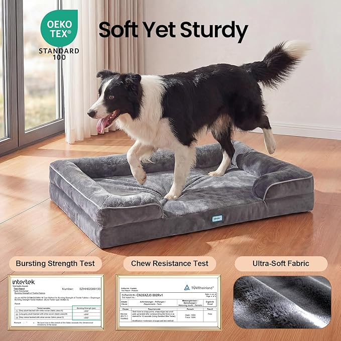 OhGeni Orthopedic Dog Bed Couch Cat Sofa for Large Sized Pets with Memory Foam, Machine-Washable Waterproof Removable Cover, Soft Comfortable Fabric, 38-inch (Gray)