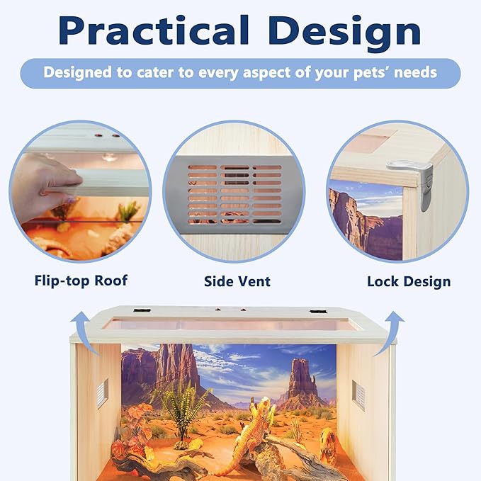 Prolee 26 Gallon Reptile Tank, Tempered Glass Bearded Dragon Tank with Wooden Roof and Lockable Doors, Large Lizard Habitat with Built-in Lamp Fixture for Snakes, Iguanas, Chameleons (Oak)