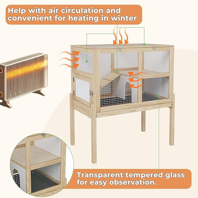 Guinea Pig Cages for 2, Rabbit Hamster Cage with Wooden Stand, 2-Story Large Indoor Small Animal House with a Pull Out Tray and Ramp, Guinea Pig Hideout Platform for Hamster,Natural
