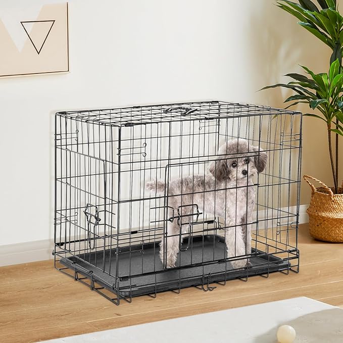 Sweetcrispy Dog Crate, 42 Inch Double Door Folding Metal Wire Dog Cage with Plastic Leak-Proof Pan Tray, Large XL Pet Kennel for Indoor, Outdoor, Travel