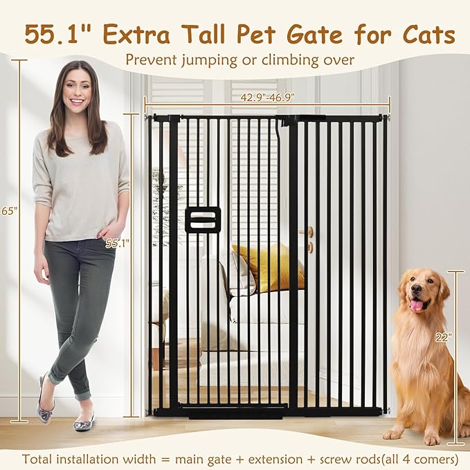 55'' Extra Tall Cat Gate, 42.9"-46.9" Wide Auto Close Tall Pet Gate for Doorways, Pressure Mounted High Dog Door Gate No Drilling Cat Fence Safety Baby Gate for Stairs, Doorways, Black