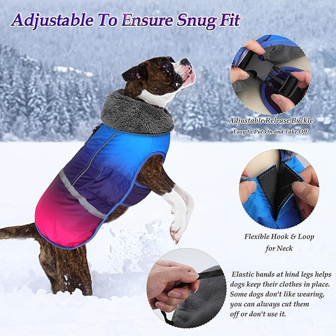 Dogcheer Warm Dog Coat, Waterproof Dog Winter Jacket Christmas Puppy Cold Weather Coats with Buckle, Reflective Adjustable Pet Snow Jacket for Small Medium Large Dogs - Gradient Blue-red, L