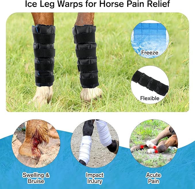 Horse Leg Wraps Set of 4, Horse Ice Leg Boots Perfect for Equestrian Training& Daily Use, Comfortable and Premium Support for Injury Recovery to Fit for All Horses(Black & Blue, 4Pack)