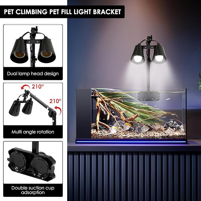 Reptile Lamp Stand, Adjustable 210° Rotation Dual Heat lamp Stand, Space Saving Tablet Floor Reptile Light Holder Double Suction Cup for Bearded Dragons Turtles Chameleons