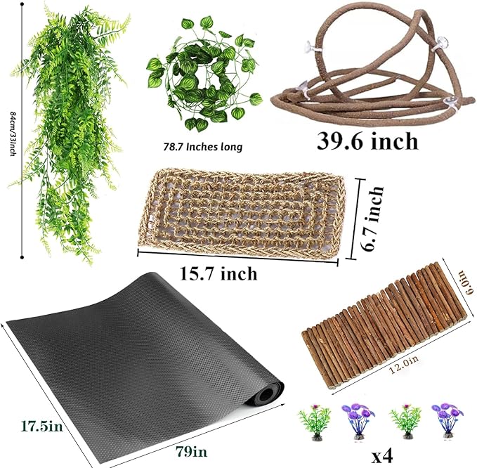 Bearded Dragon Tank Accessories, Reptile Mat Hammock Plants Bridge Jungle Climber Vines Terrarium Decorations for Leopard Gecko Hermit Crab Lizard Snake (10 PCS with Reptile Mat)