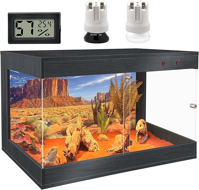 ROYXEN Reptile Tank, 30 Gallons Reptile Enclosure with Lockable Design, Tempered Glass Bearded Dragon Tank for Lizard Habitat, Soild Wood Built-in Sockets (Black, 23.5"x15.5"x15.5")