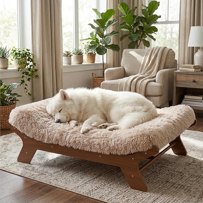 Muihood Wood Elevated Dog Bed Frame and Egg Crate Foam Mattress, Luxurious Suitable for Pets Up to 80 lbs, Walnut Grain Pattern, L