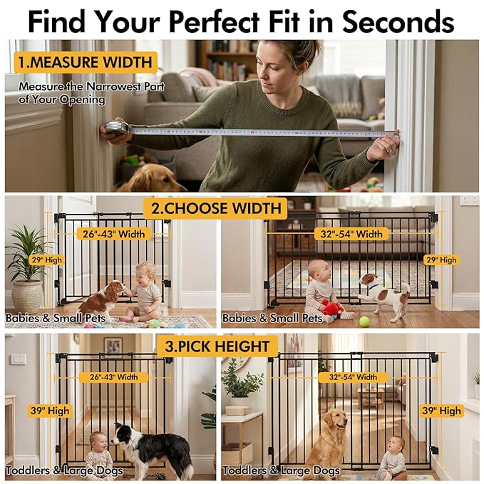 Baby Gate for Stairs Doorways & Kitchen, Extra Wide 32"-54" W x39 H Extra Tall, No Bottom Bar Dog Gate, One-Handed Auto-Close, Hardware Mount Safety Gate for Dogs & Toddlers, Black
