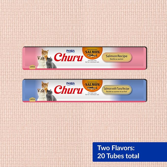 INABA Salmon Churu Cat Treats, Lickable, Squeezable Creamy Pur??e Cat Treat with Green Tea Extract & Taurine, 0.5 Ounces Each Tube, 20 Tubes, Salmon & Tuna Variety Box - Image 6