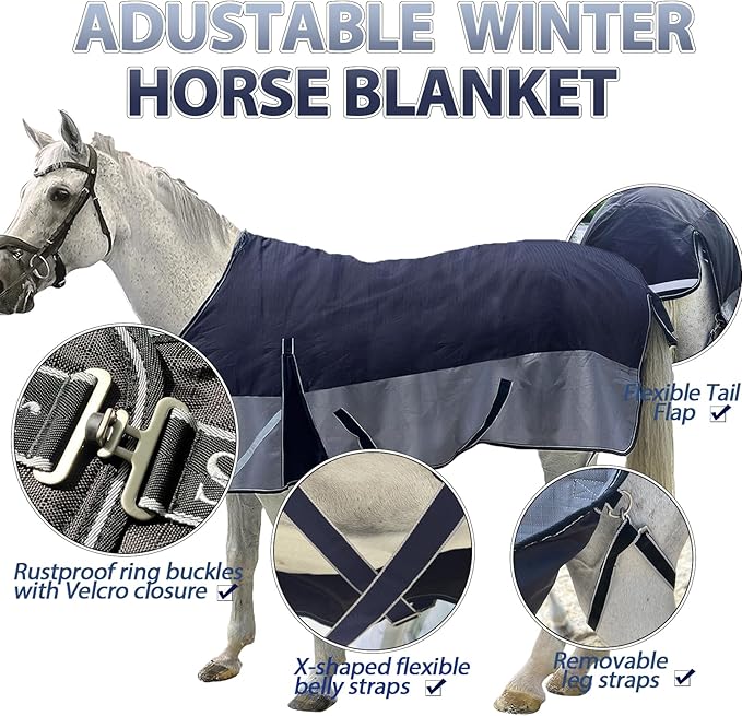 300g Fill 1200D Mid-Heavy Weight Winter Waterproof and Breathable Horse Blanket Belly Straps| Turnout Blankets with Reflective Strips (Black/Gray, 66'')