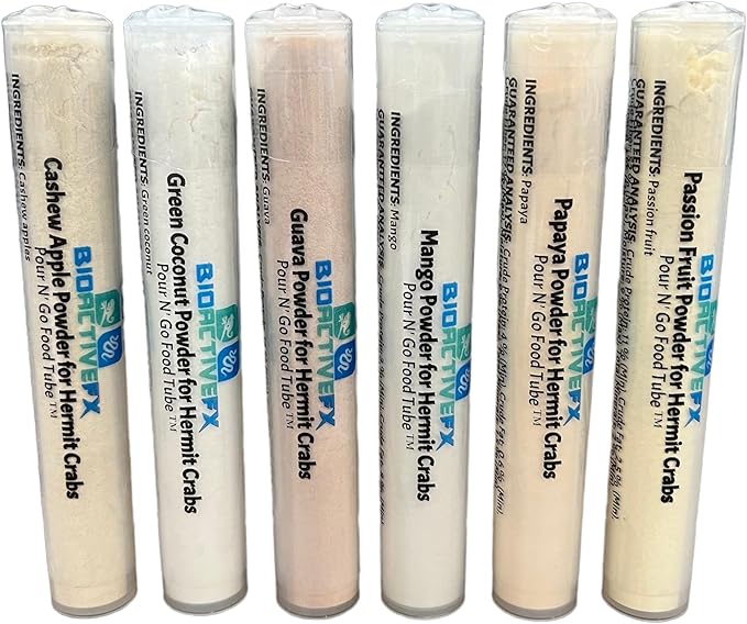 Hermit Crab Food Variety Packs - Natural Multi-Mix and Treat Blend for Pet Hermit Crabs, Pour N’ Go Food Tube ™, Lab-Tested for Quality & Safety (6 Pack Tropical Fruit Smoothie + Puffs)