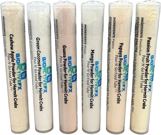 Hermit Crab Food Variety Packs - Natural Multi-Mix and Treat Blend for Pet Hermit Crabs, Pour N’ Go Food Tube ™, Lab-Tested for Quality & Safety (6 Pack Tropical Fruit Smoothie + Puffs)