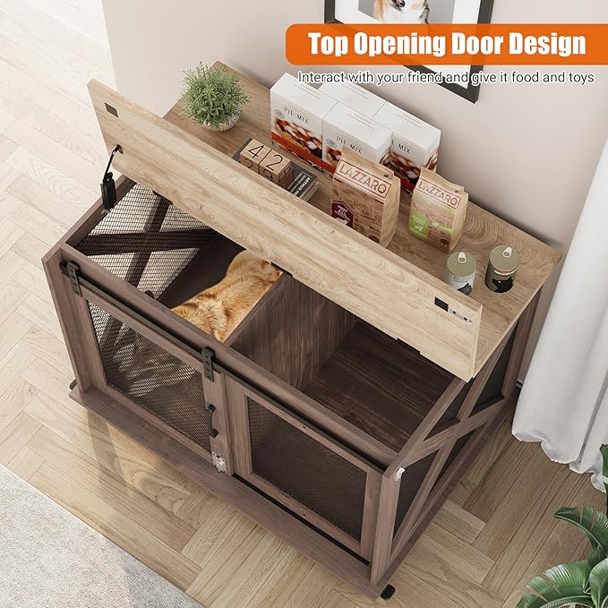 GarveeLife 37" Dog Crate Furniture, Side End Table, Farmhouse Dog Crate with Sliding Barn Door, Flip Top Wooden Dog Kennel with Wheels and Movable Divider, Indoor Dog Cage House for Medium Dogs