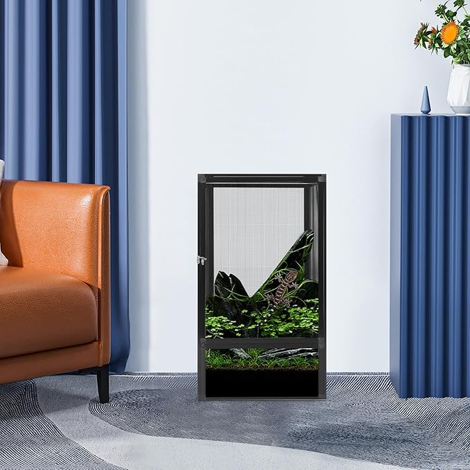Reptile Terrarium Tall Reptile Tank Mesh Ventilation Durable Aluminum Frame Easy Assembly Micro Habitat Terrarium Enclosure for Chameleons Lizards/Iguanas Snakes Small Animals 17.7"x17.7"x31.5"