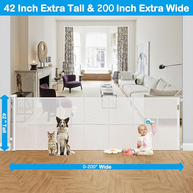Reinforced 42" Extra Tall Retractable Baby Gates for Doorway, 200" Retractable Dog Gate With Support Rod, 16ft Extra Long Baby Gate for Large Opening, Bottom Anti-Crawl Indoor/Outdoor Mesh Child Gates
